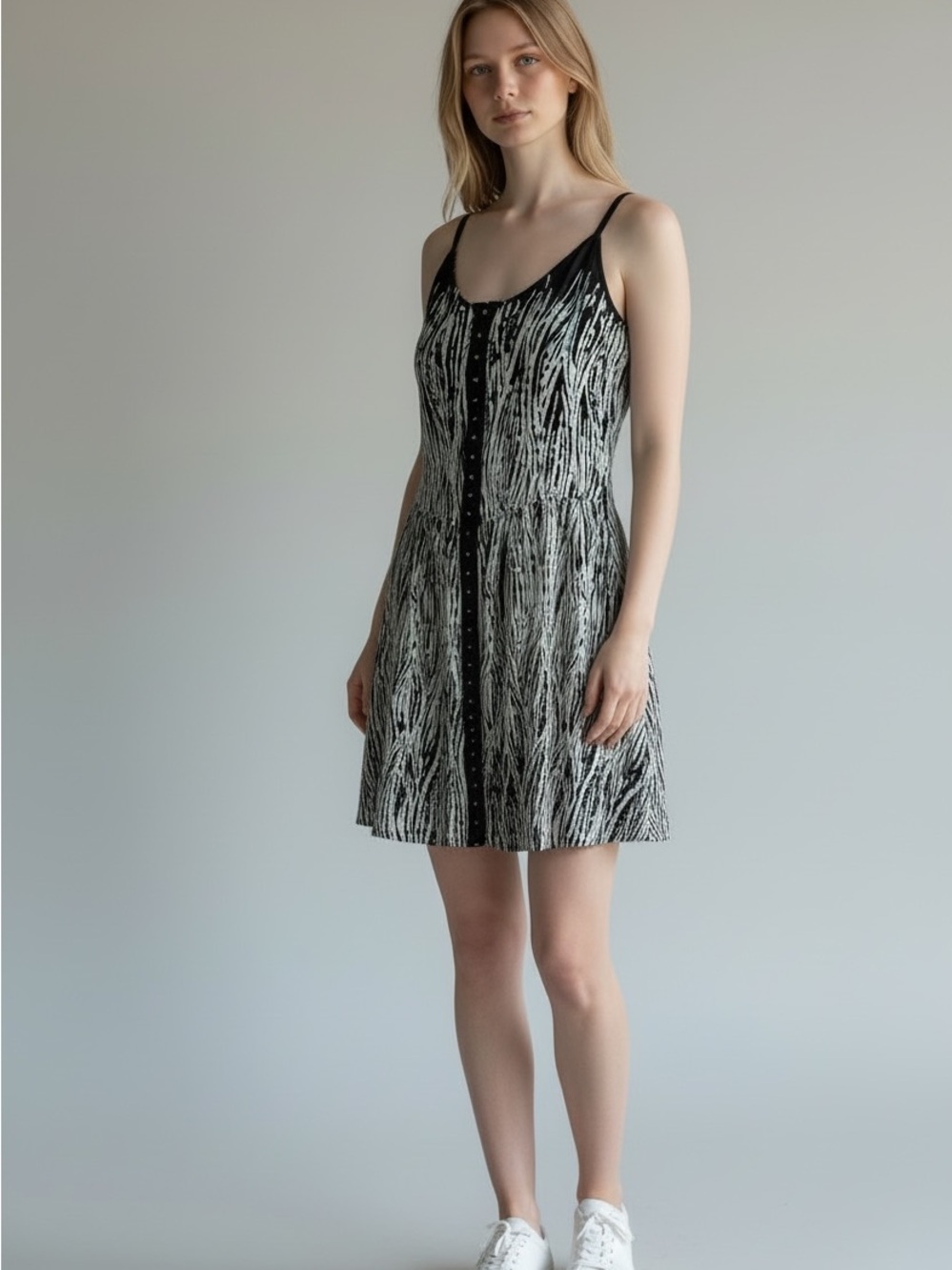 Free People Black and White Button-Front Mini Dress